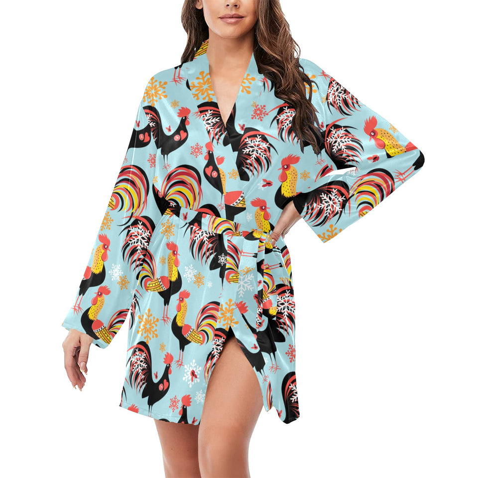 Rooster chicken cock snowfalke Women's Long Sleeve Belted Night Robe