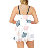Black Gray Cream coral ginkgo leaves pattern Chest Sexy Pleated Two Piece Swim Dress