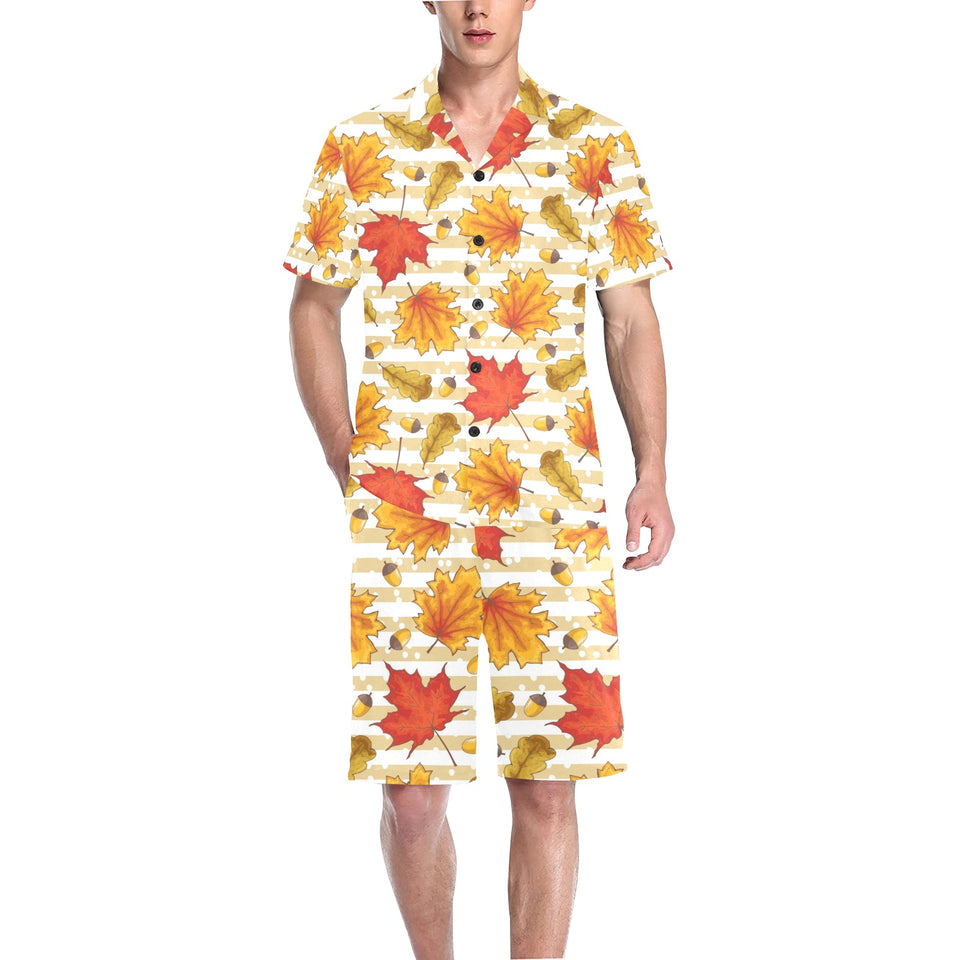 Maple leaf oak leaf acorns beige striped backgroun Men's V-Neck Short Pajama Set