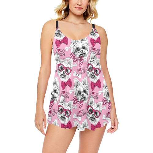 Yorkshire Terrier Pattern Print Design 03 Chest Sexy Pleated Two Piece Swim Dress