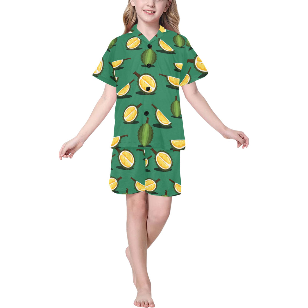 Durian pattern green background Kids' Boys' Girls' V-Neck Short Pajama Set