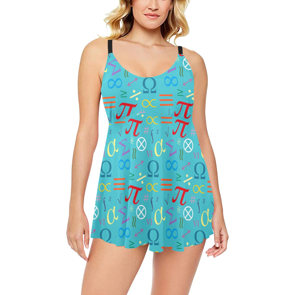 Math Pattern Print Design 02 Chest Sexy Pleated Two Piece Swim Dress