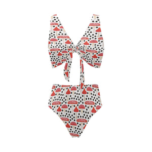 Red mushroom dot pattern Chest Bowknot High Waisted Bikini Swimsuit