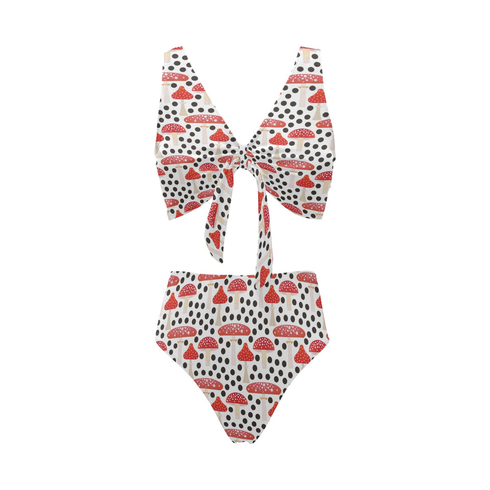 Red mushroom dot pattern Chest Bowknot High Waisted Bikini Swimsuit