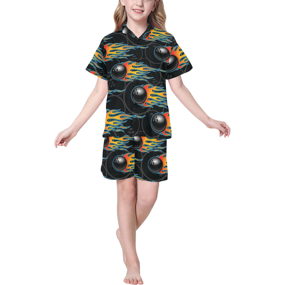 Bowling balls flame pattern Kids' Boys' Girls' V-Neck Short Pajama Set