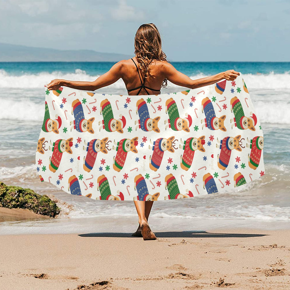 Corgi Christmas Pattern Beach Towel