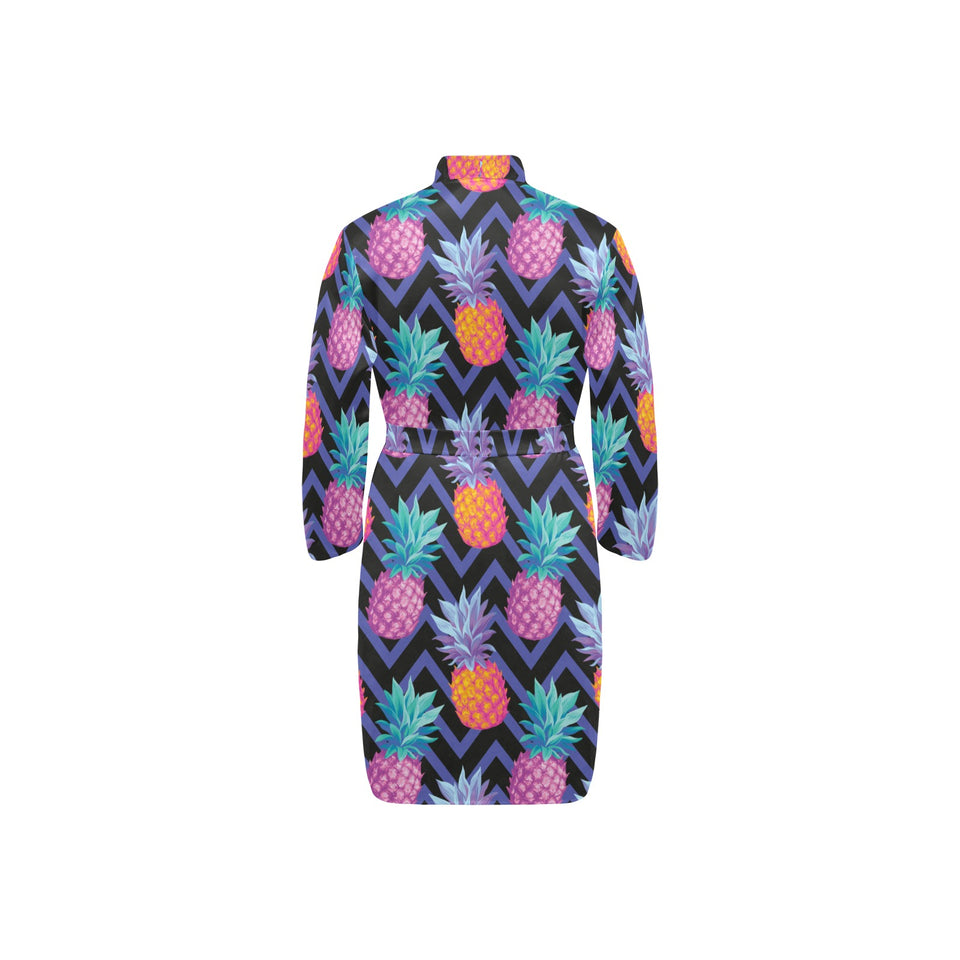 Pineapples pattern zigzag background Men's Long Sleeve Belted Night Robe