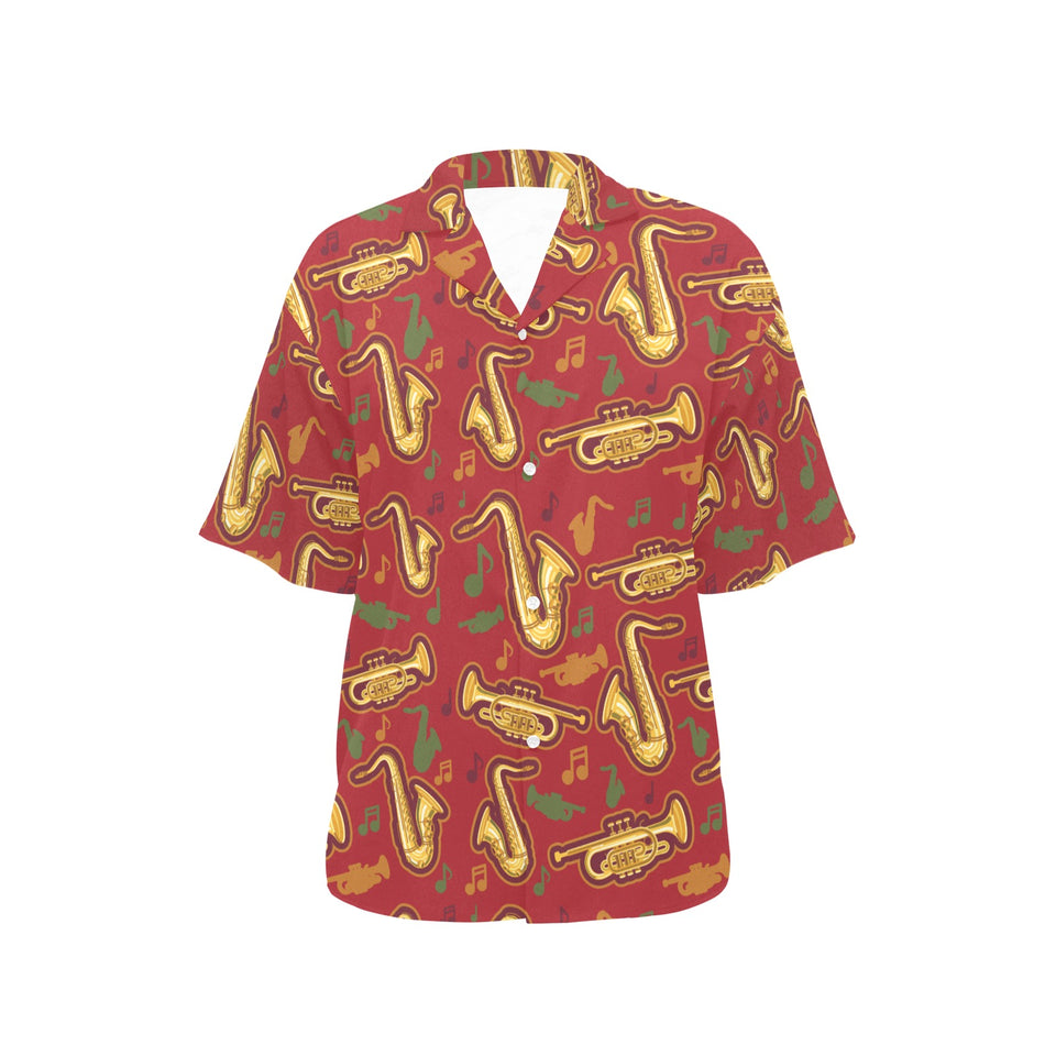 Saxophone cornet pattern red background Women's All Over Print Hawaiian Shirt