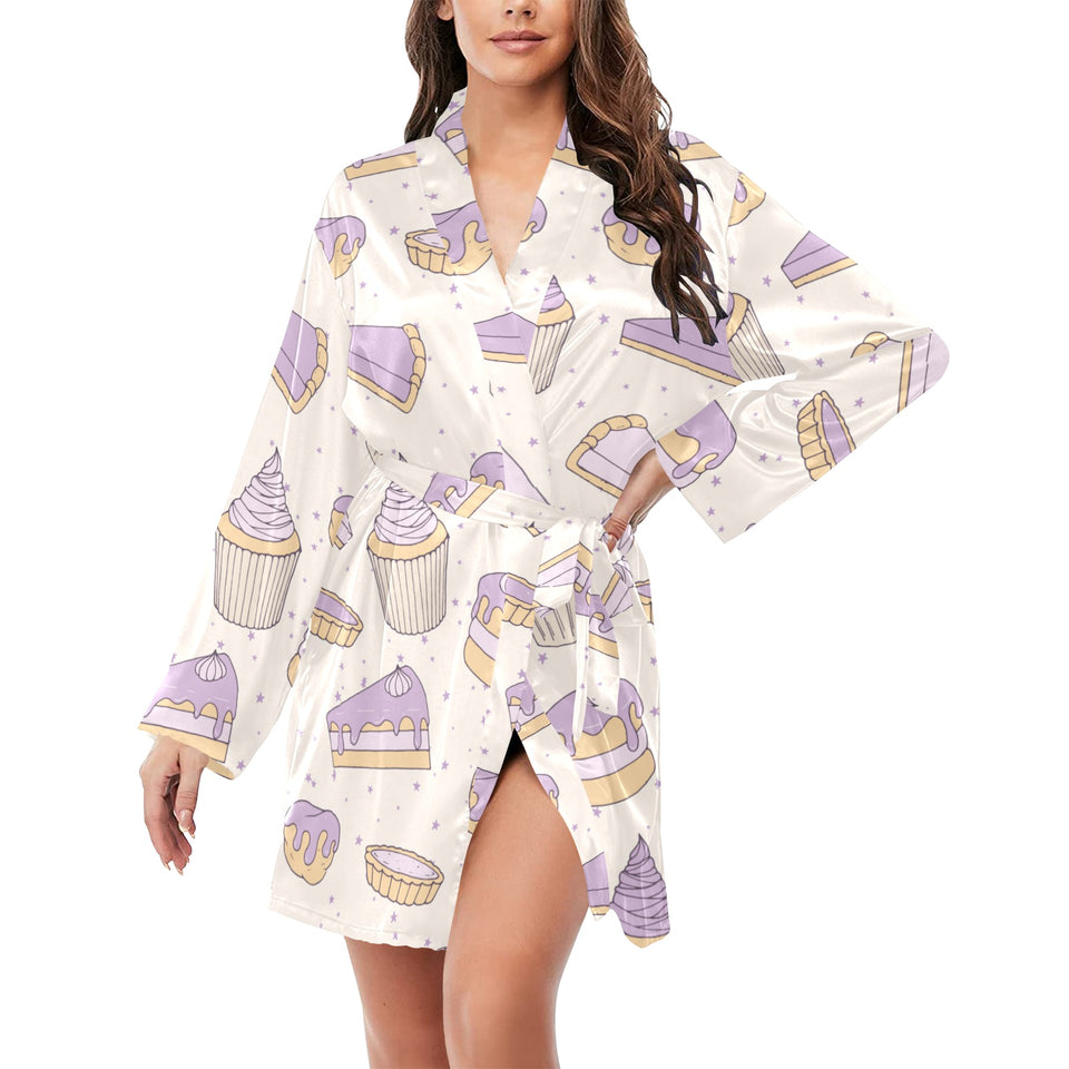 Cakes pies tarts muffins and eclairs purple bluebe Women's Long Sleeve Belted Night Robe
