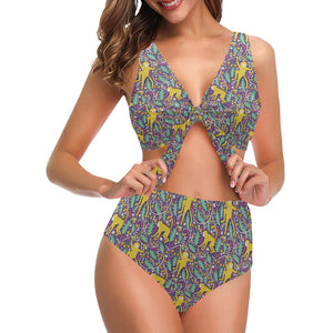 Cute yellow monkey leaves pattern Chest Bowknot High Waisted Bikini Swimsuit