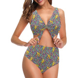 Cute yellow monkey leaves pattern Chest Bowknot High Waisted Bikini Swimsuit