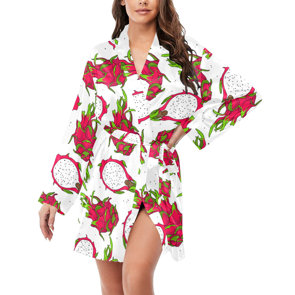 dragon fruits white background Women's Long Sleeve Belted Night Robe