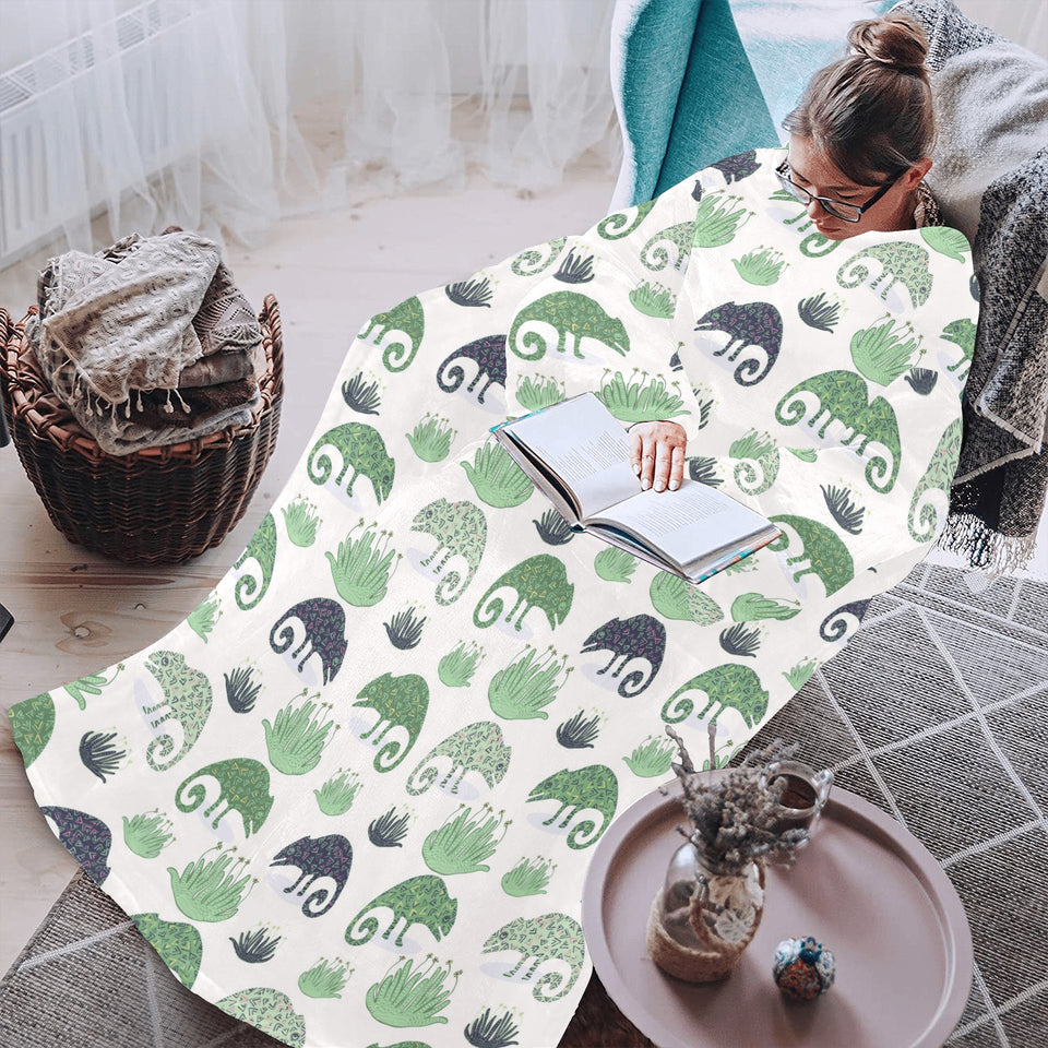 Chameleon lizard succulent plant pattern Blanket Robe with Sleeves