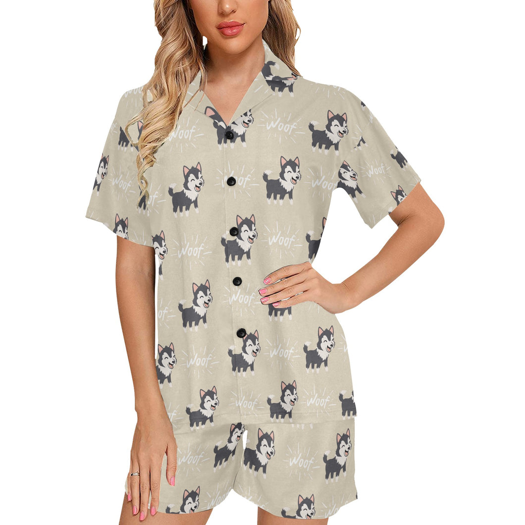 Cute Siberian Husky Women's V-Neck Short Pajama Set