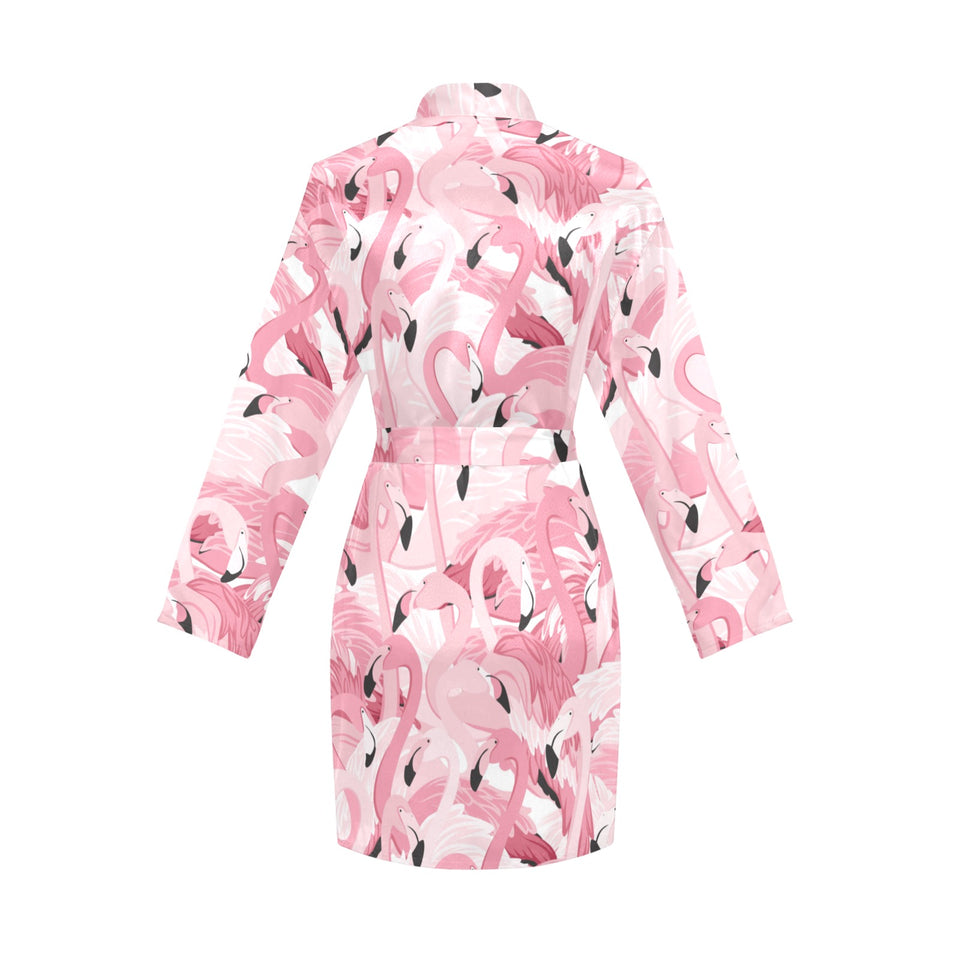 Pink flamingos pattern background Women's Long Sleeve Belted Night Robe