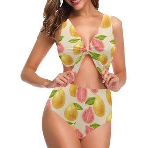 Beautiful guava pattern Chest Bowknot High Waisted Bikini Swimsuit