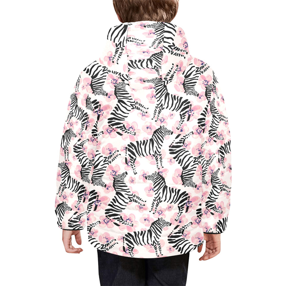 Zebra pink flower background Kids' Boys' Girls' Padded Hooded Jacket