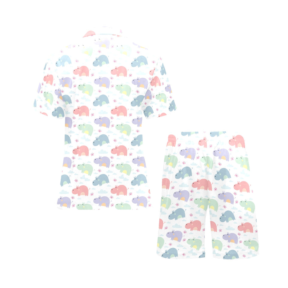 Hippopotamus Pattern Print Design 03 Men's V-Neck Short Pajama Set