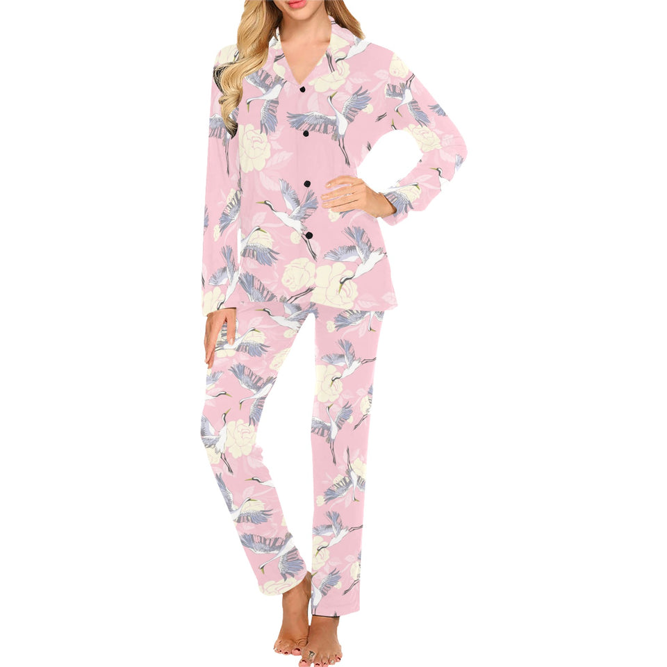 Japanese crane rose pattern Women's Long Pajama Set