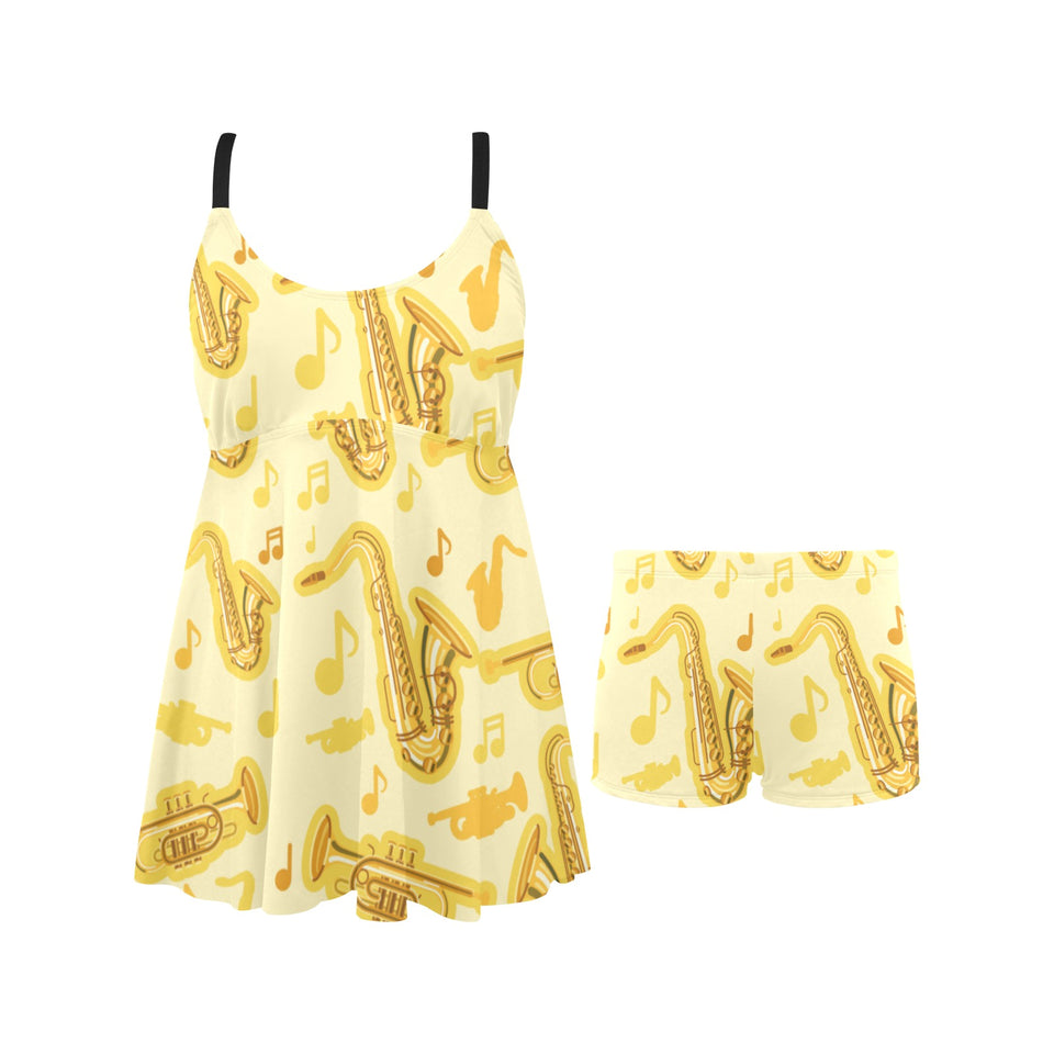 Saxophone cornet pattern yellow background Chest Sexy Pleated Two Piece Swim Dress