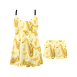 Saxophone cornet pattern yellow background Chest Sexy Pleated Two Piece Swim Dress