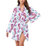 Purple seahorse blue coral pattern Women's Long Sleeve Belted Night Robe