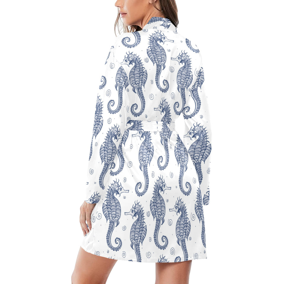 Seahorse pattern background Women's Long Sleeve Belted Night Robe