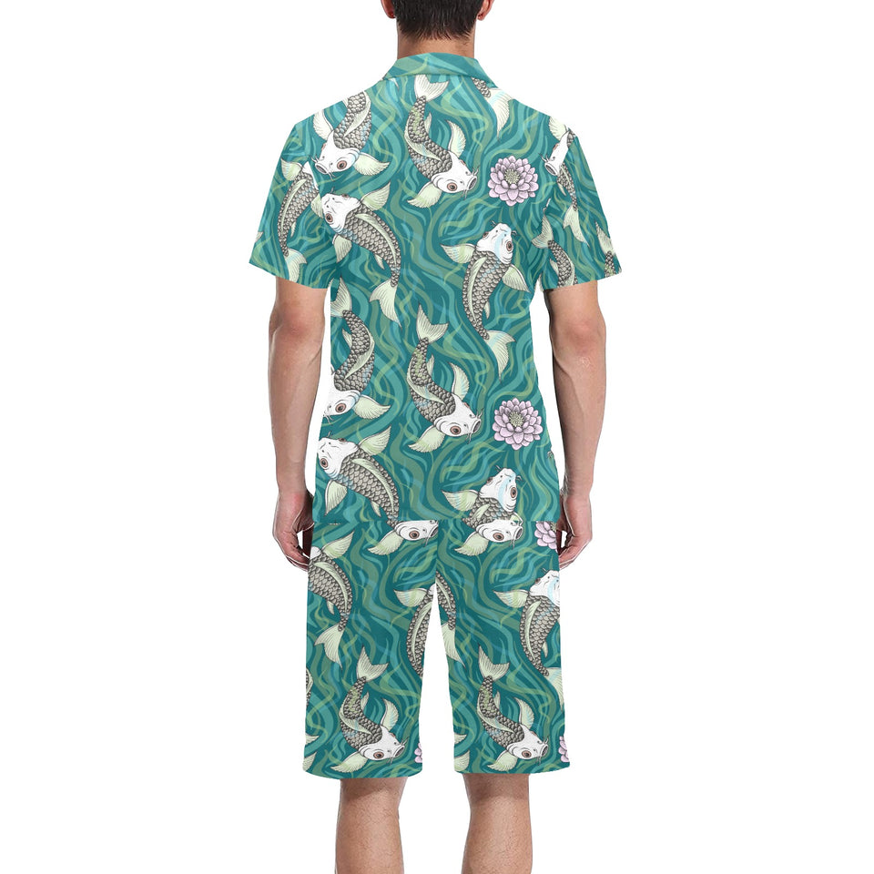 Koi Fish Carp Fish lotus pattern Men's V-Neck Short Pajama Set