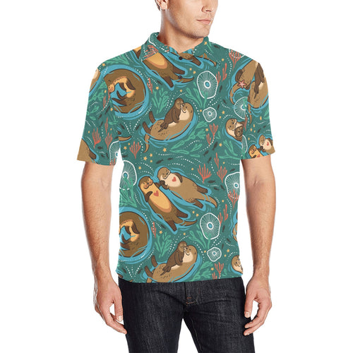 cute brown sea otters ornamental seaweed corals gr Men's All Over Print Polo Shirt