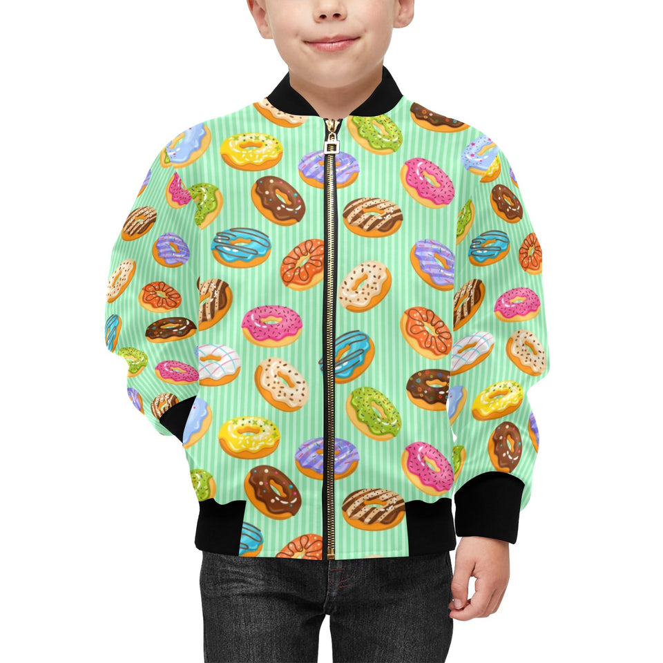 Colorful donut pattern green background Kids' Boys' Girls' Bomber Jacket