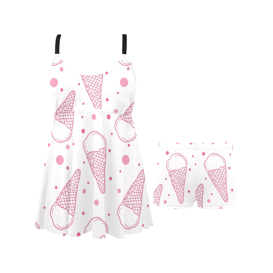 Hand drawn ice cream pattern Chest Sexy Pleated Two Piece Swim Dress