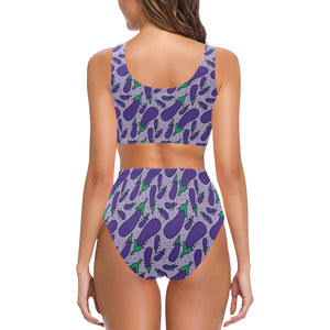 Eggplant Pattern Print Design 03 Chest Bowknot High Waisted Bikini Swimsuit