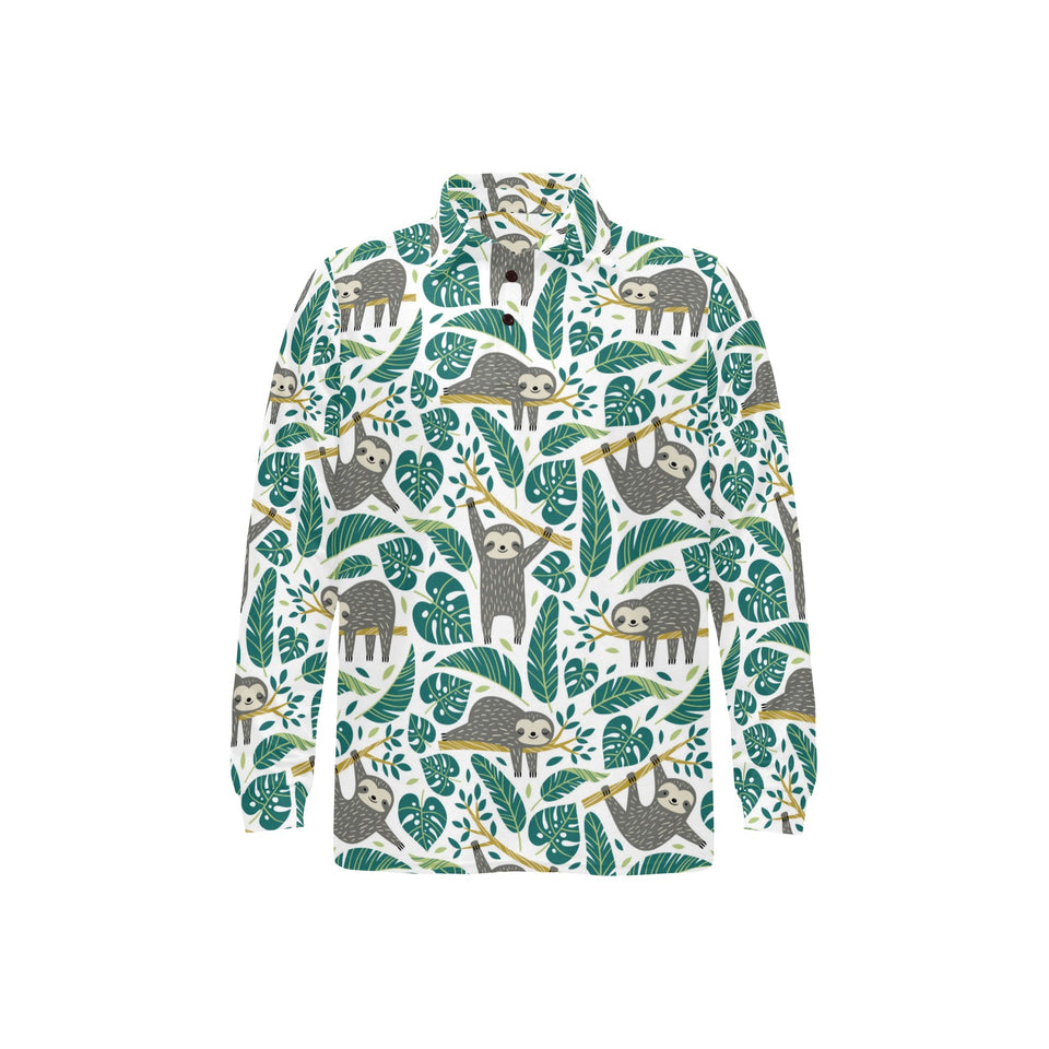 Cute sloths tropical palm leaves white background Men's Long Sleeve Polo Shirt