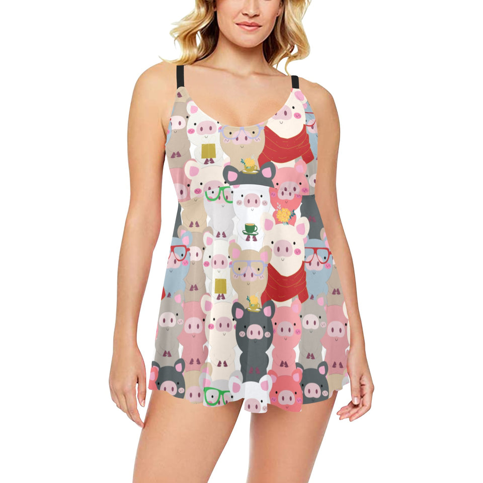 Pig Pattern Print Design 02 Chest Sexy Pleated Two Piece Swim Dress