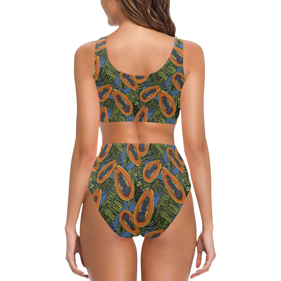 Colorful papaya tropical leaves Chest Bowknot High Waisted Bikini Swimsuit