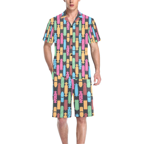 Skate Board Pattern Print Design 02 Men's V-Neck Short Pajama Set