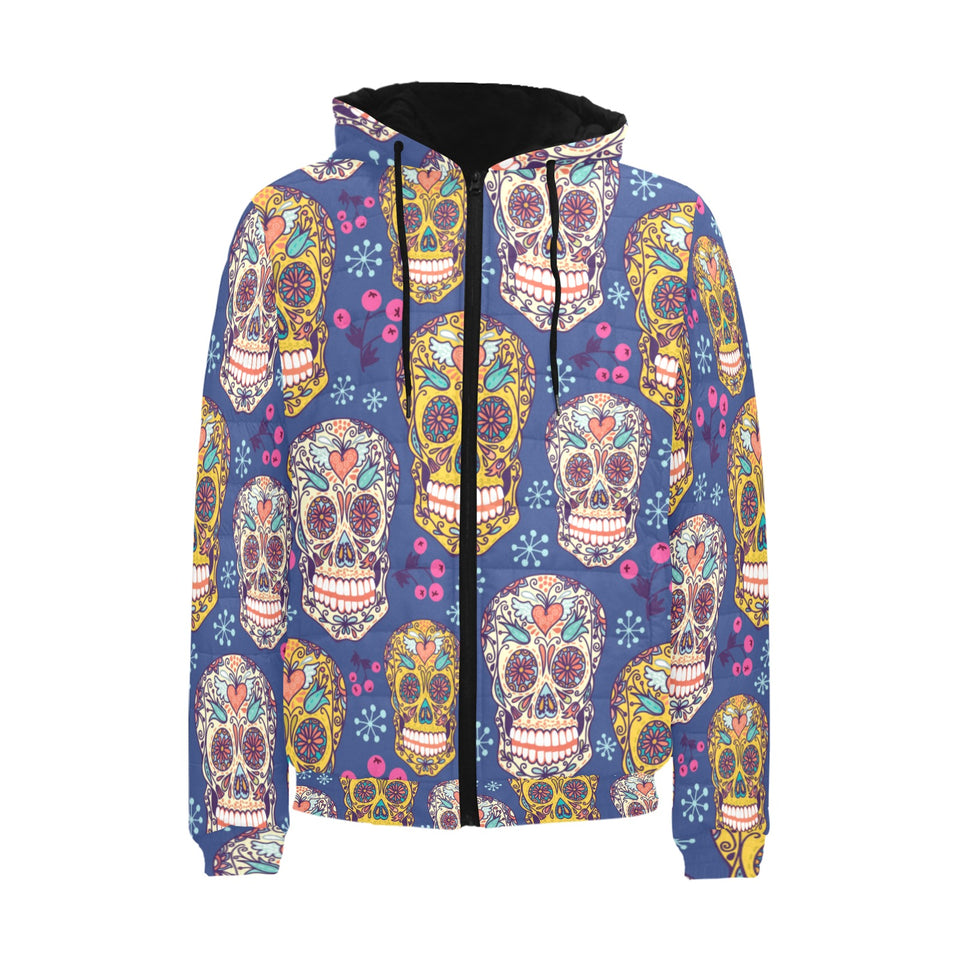 Sugar skull flower pattern Men's Padded Hooded Jacket
