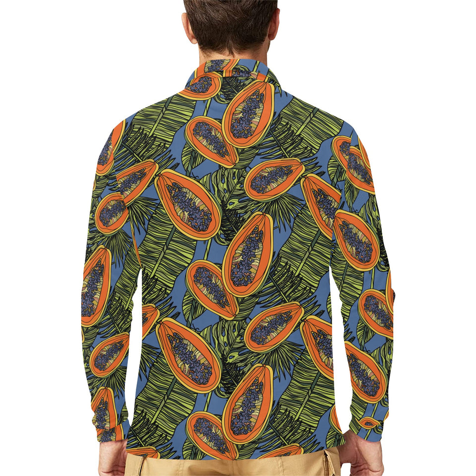 Colorful papaya tropical leaves Men's Long Sleeve Polo Shirt