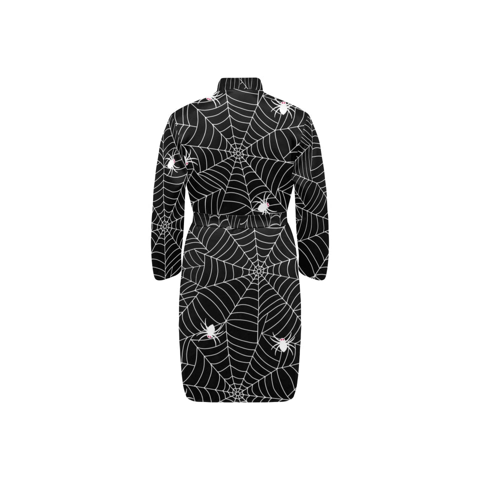 Spider web design pattern Black background white c Men's Long Sleeve Belted Night Robe