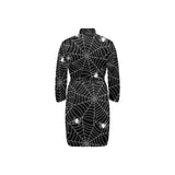 Spider web design pattern Black background white c Men's Long Sleeve Belted Night Robe