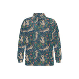 Raccoon tropical leaves pattern Men's Long Sleeve Polo Shirt