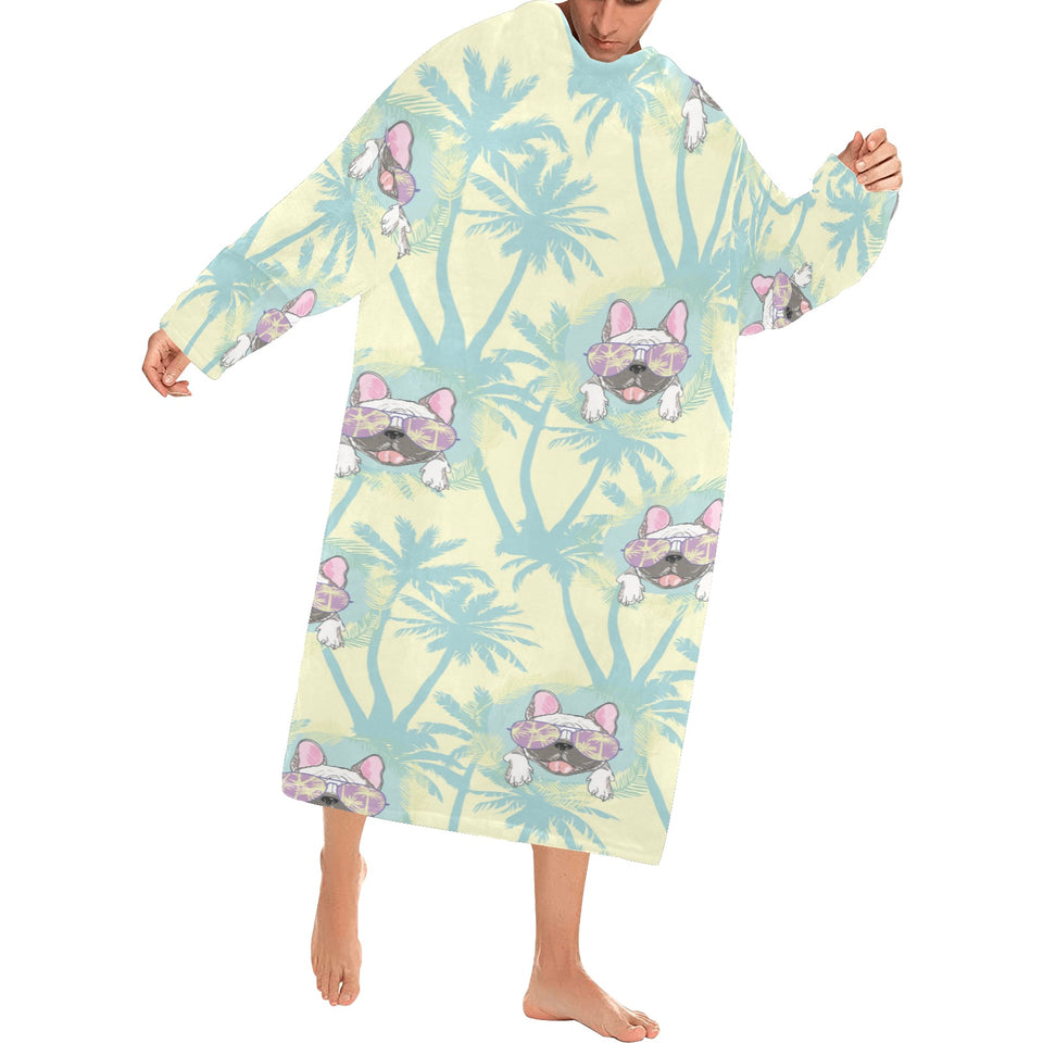 French bulldog hawaii blackground Blanket Robe with Sleeves