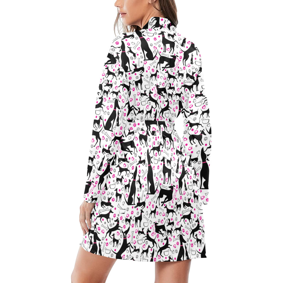 Greyhound Pattern Print Design 02 Women's Long Sleeve Belted Night Robe