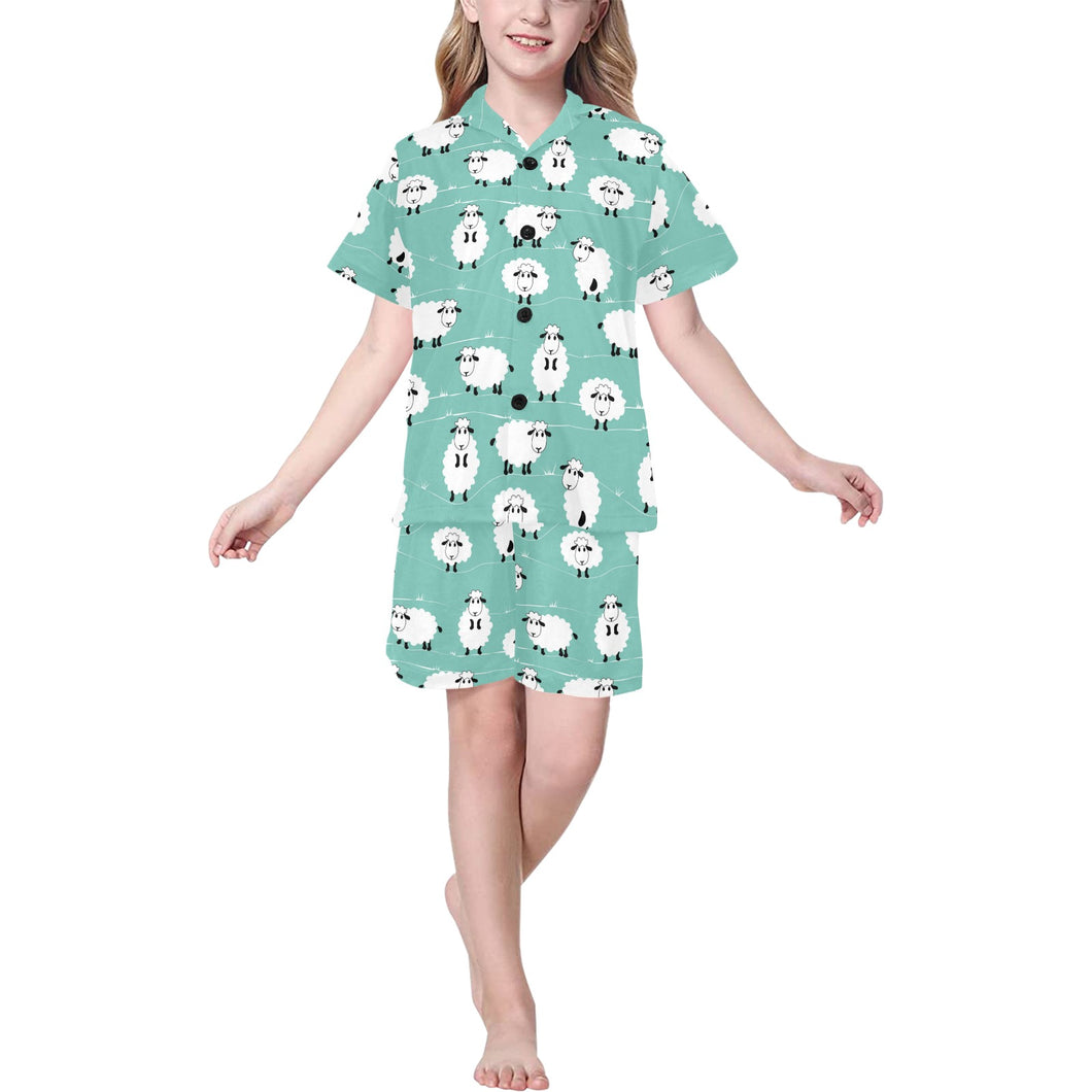 Cute sheep green background Kids' Boys' Girls' V-Neck Short Pajama Set