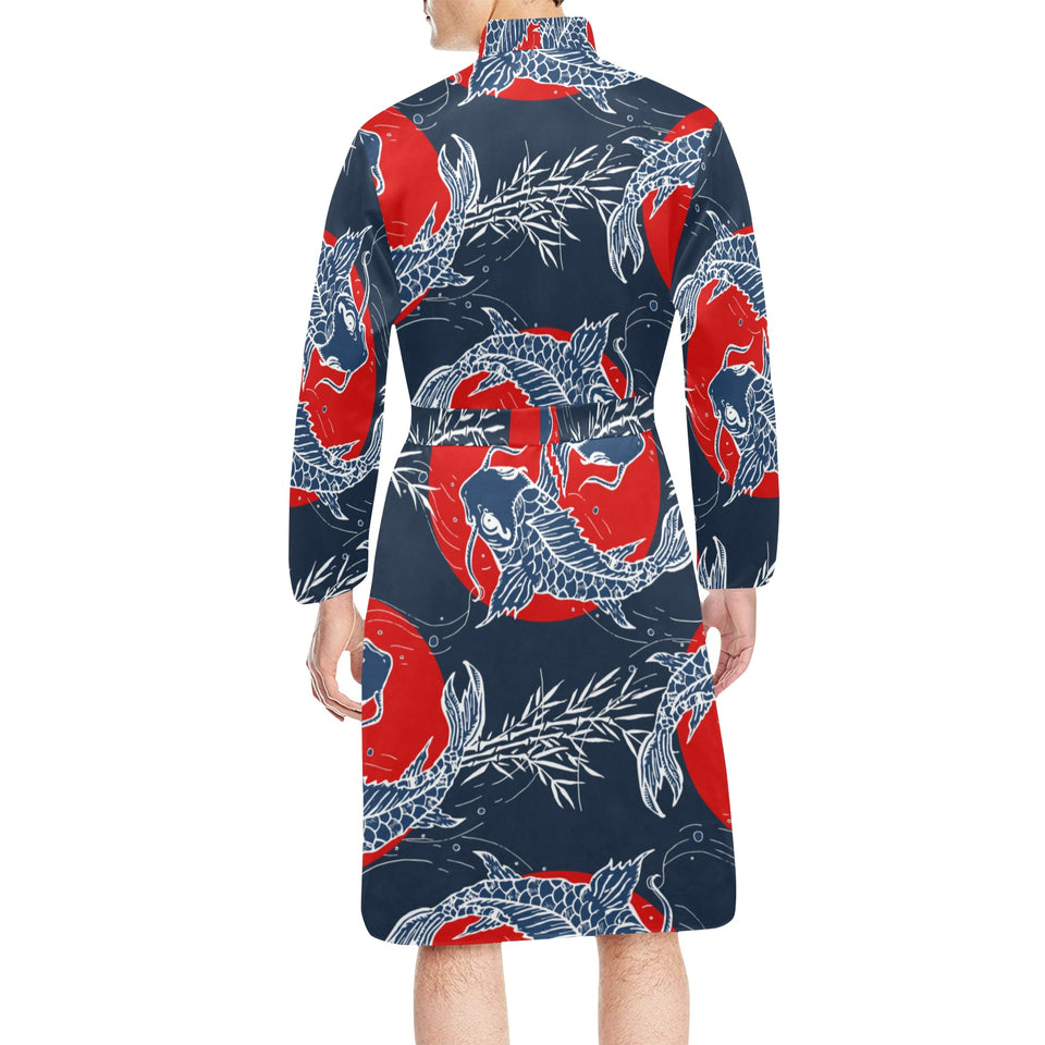 Koi Fish Carp Fishs hand drawn japanese art Men's Long Sleeve Belted Night Robe