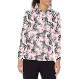 Zebra pink flower background Women's Long Sleeve Polo Shirt