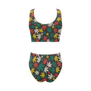 Canabis Marijuana Weed Pattern Print Design 02 Chest Bowknot High Waisted Bikini Swimsuit