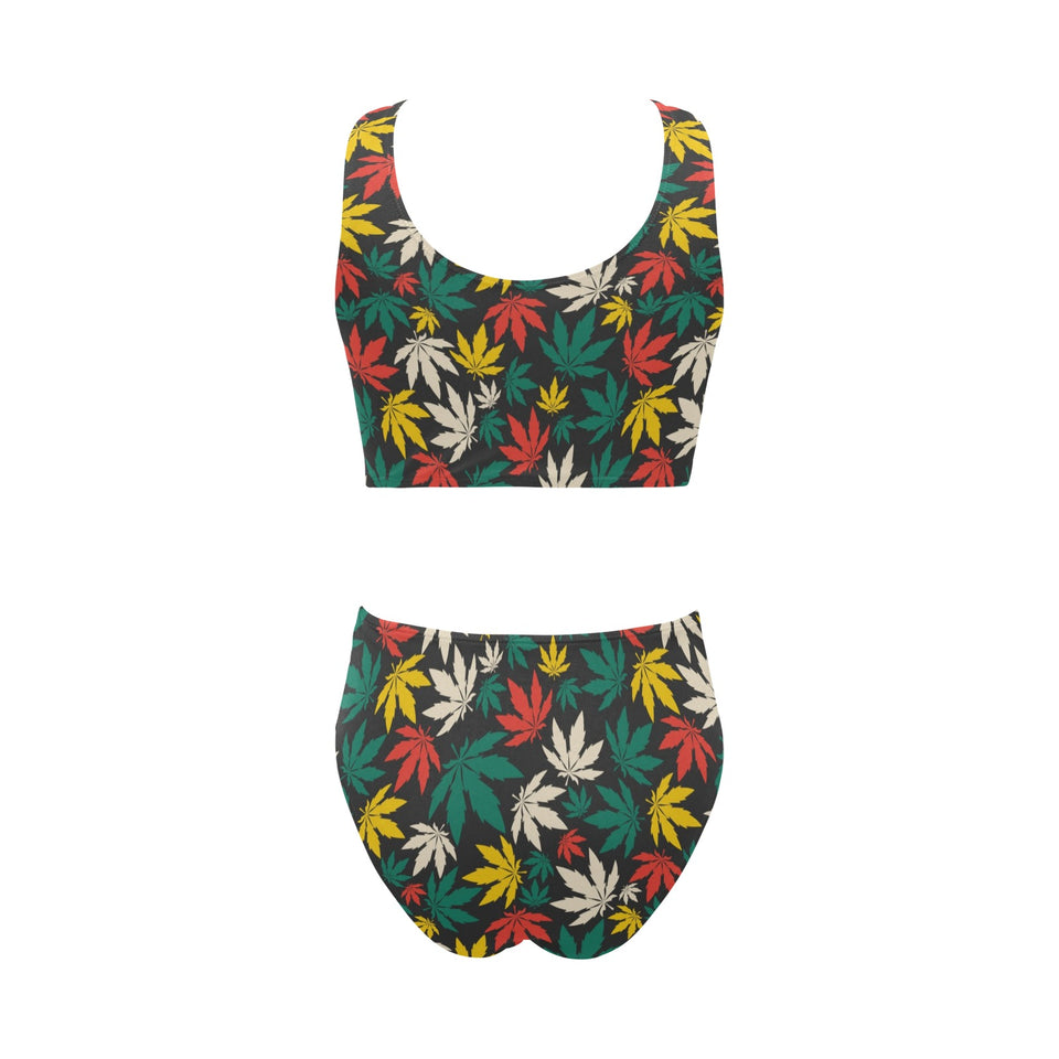 Canabis Marijuana Weed Pattern Print Design 02 Chest Bowknot High Waisted Bikini Swimsuit
