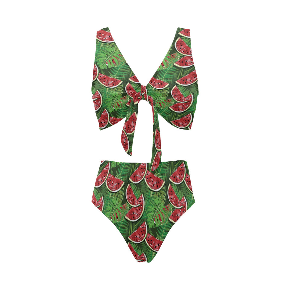 Watermelons tropical palm leaves pattern backgroun Chest Bowknot High Waisted Bikini Swimsuit