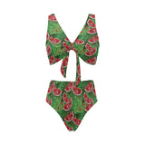 Watermelons tropical palm leaves pattern backgroun Chest Bowknot High Waisted Bikini Swimsuit
